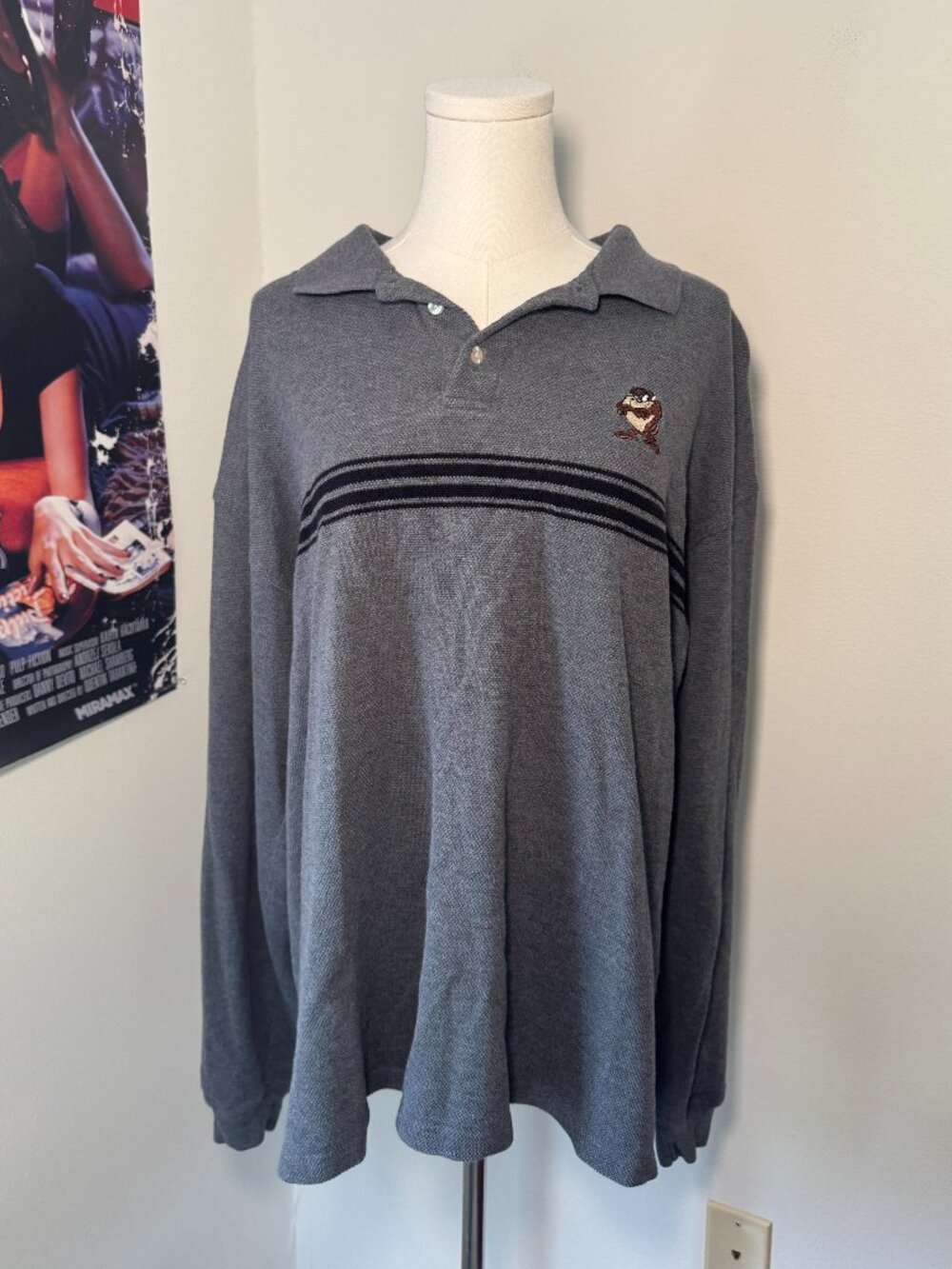 Warner Bros Tazmanian Devil Embroidered Grey and Black Long Sleeve Shirt